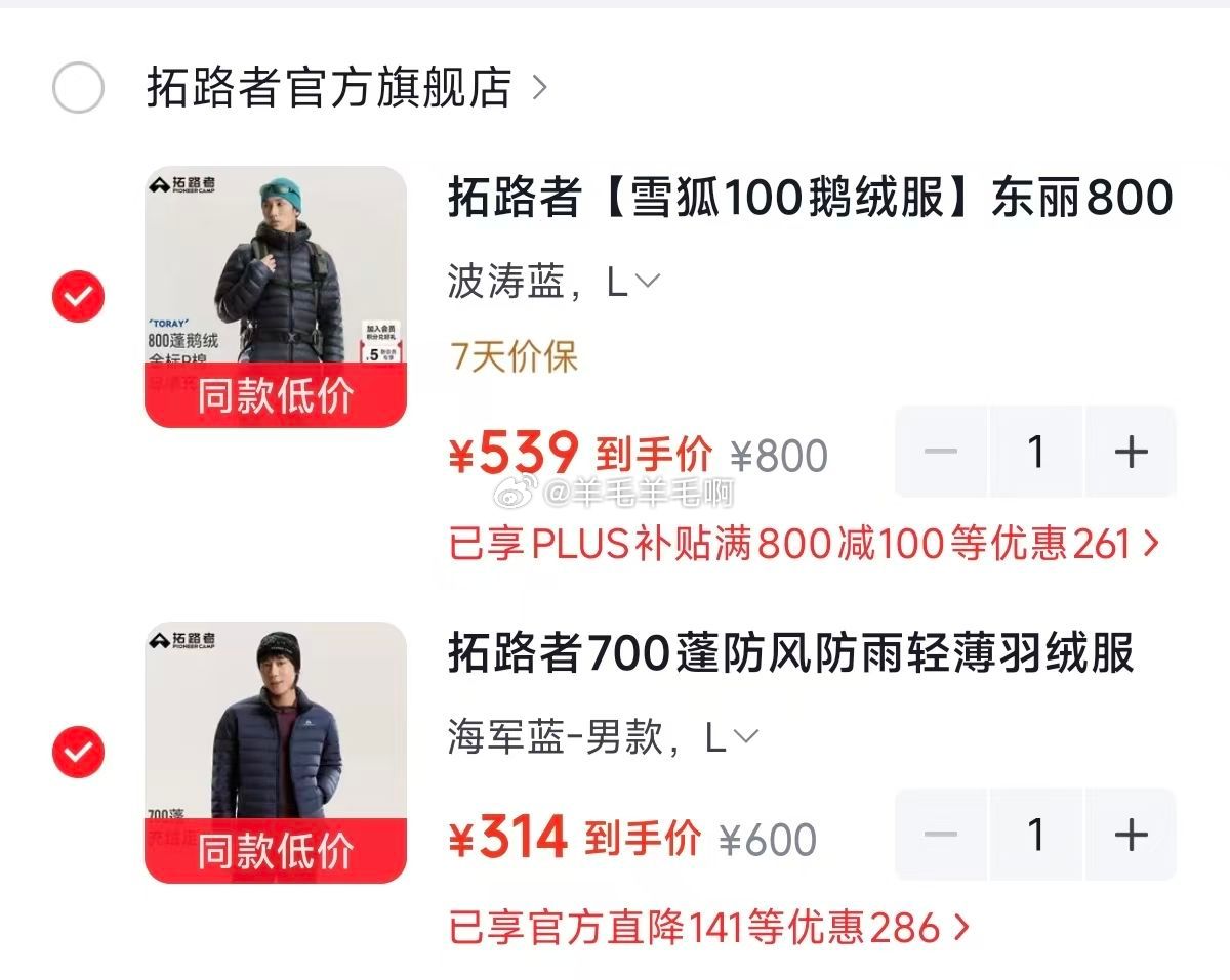 拓路者700蓬排骨羽绒服 314元 - 86线报