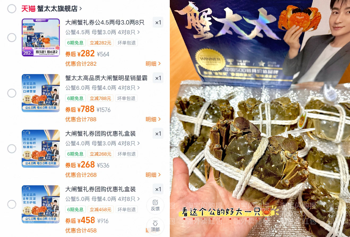 蟹太太公4.5两母3.0两共8只 282元，蟹太太全母蟹3.0两共8只 278元 - 86线报