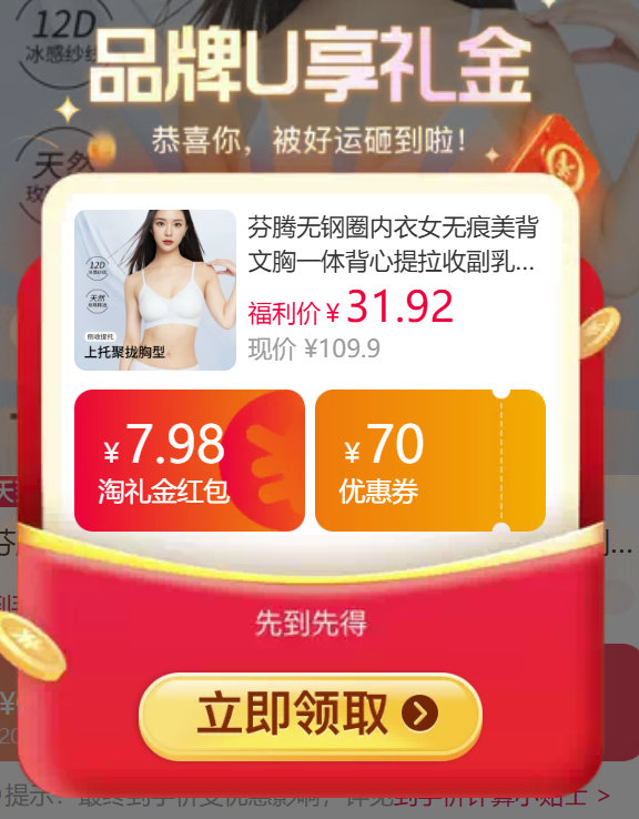 芬腾无钢圈反重力无痕内衣两件 31.9元 - 86线报