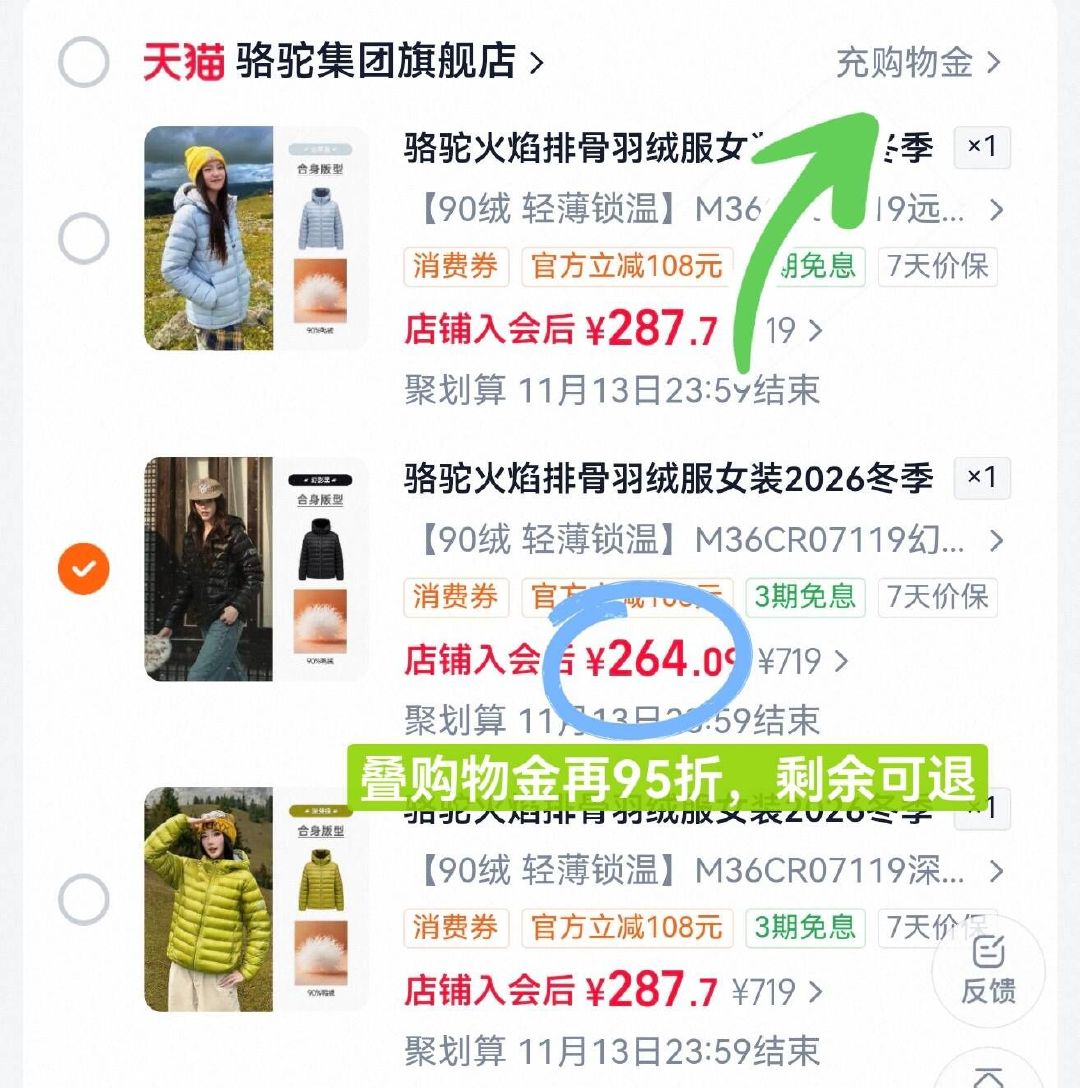 骆驼新款火焰排骨羽绒服 264元 - 86线报