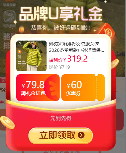 骆驼新款火焰排骨羽绒服 264元 - 86线报