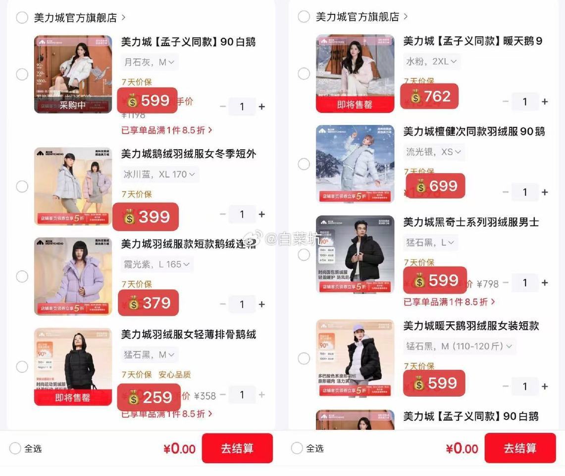 美力城轻薄排骨鹅绒服女 259元，美力城多巴胺短款鹅绒服女 379元 - 86线报