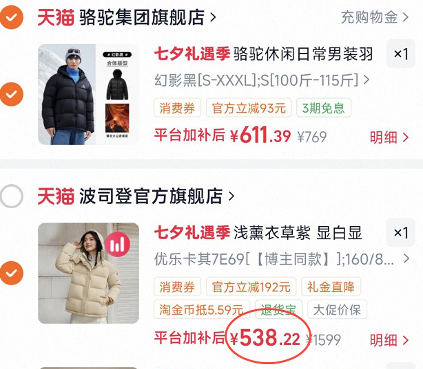 波司登白月光羽绒服 538元 - 86线报