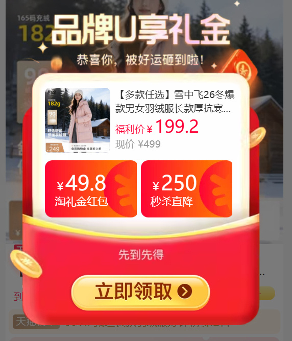 雪中飞长款羽绒服 132元 - 86线报