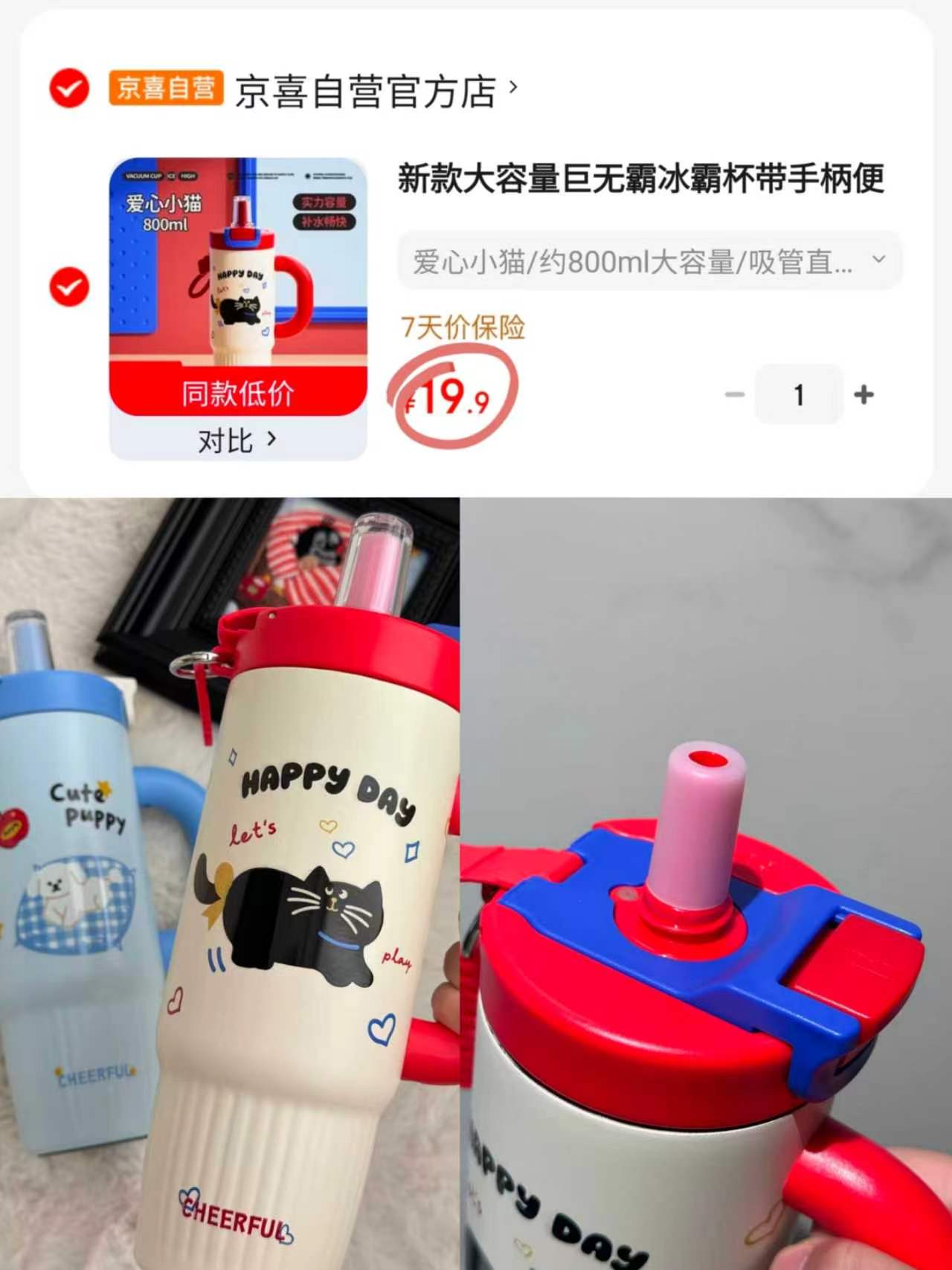 高颜值冰霸卡通吸管保温杯800ml大容量 19.9元 - 86线报
