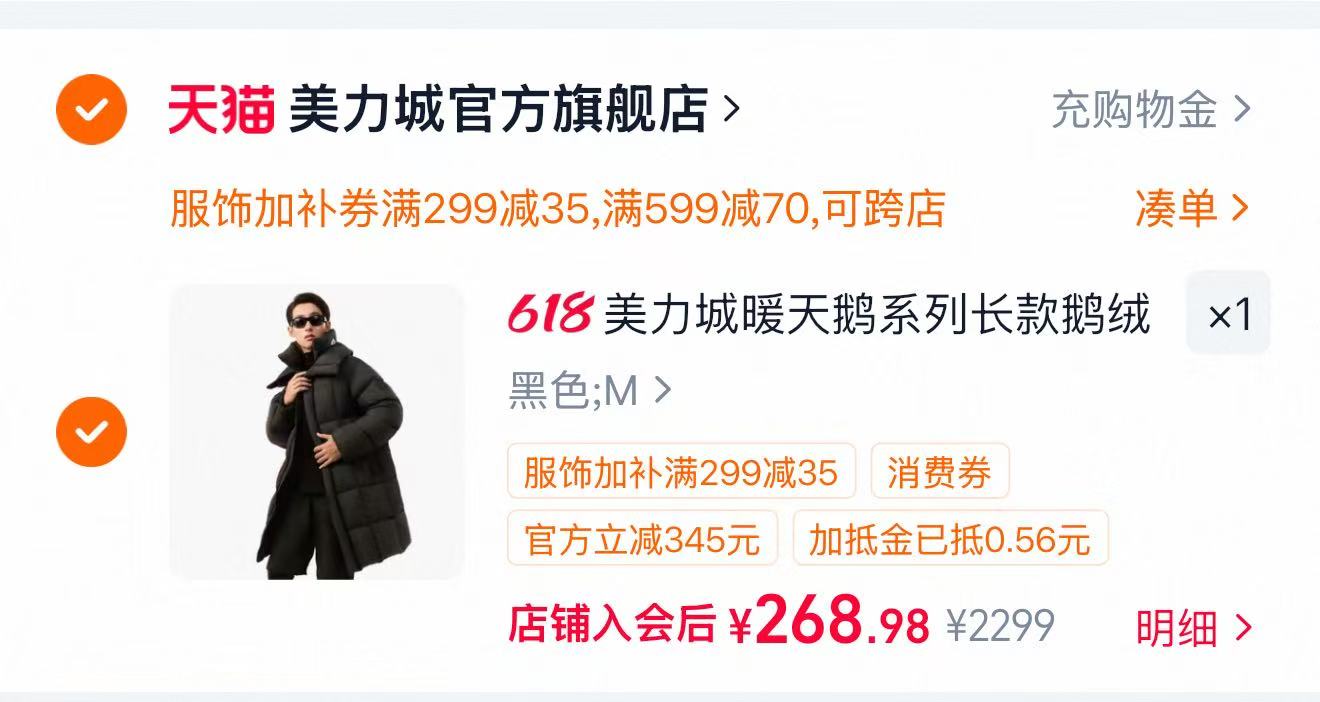 美力城暖天鹅长款鹅绒服 268元 - 86线报