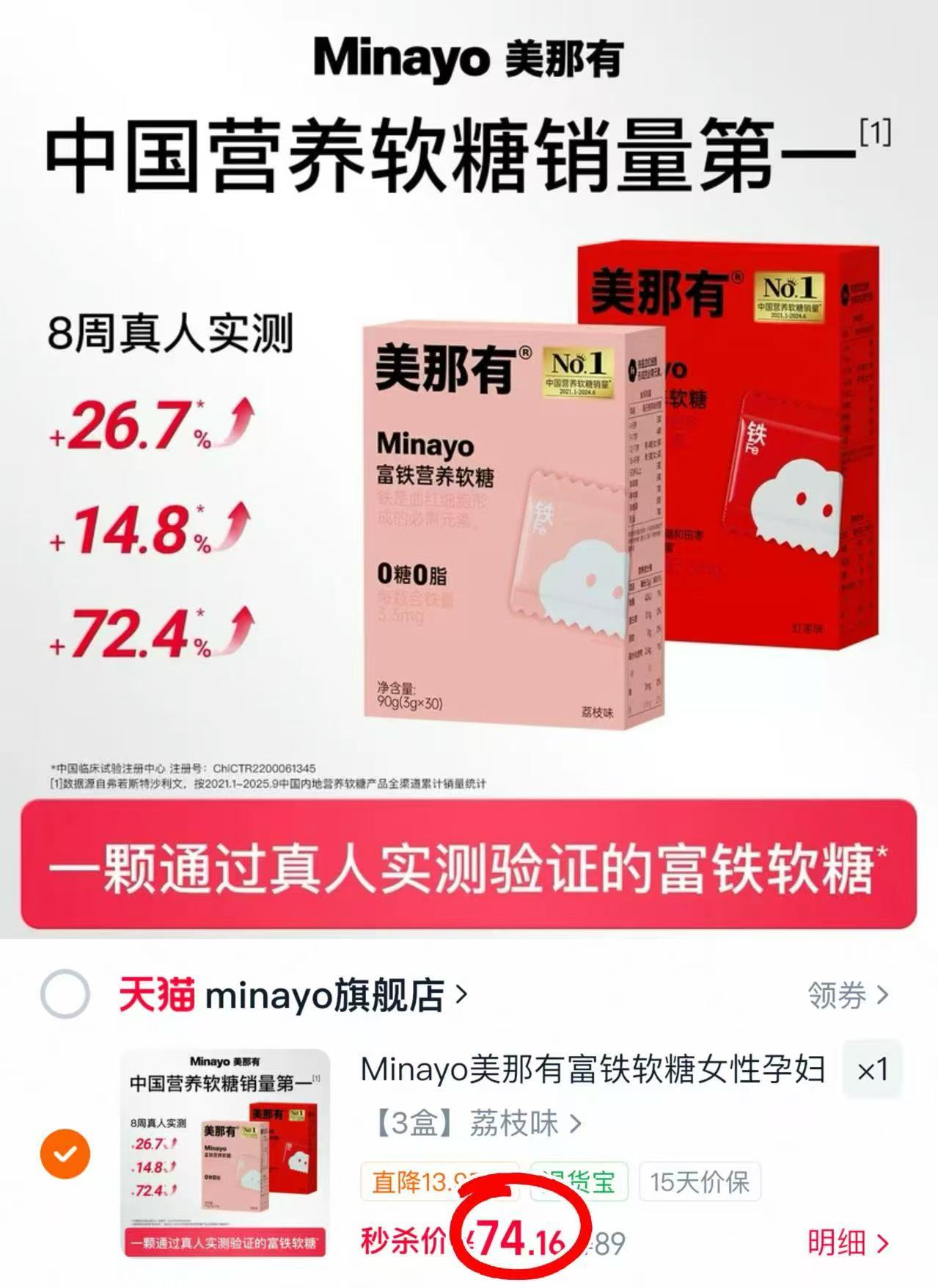 美那有富铁营养软糖30粒/盒 24.7元，美那有富铁营养软糖拍3盒 74.1元 - 86线报