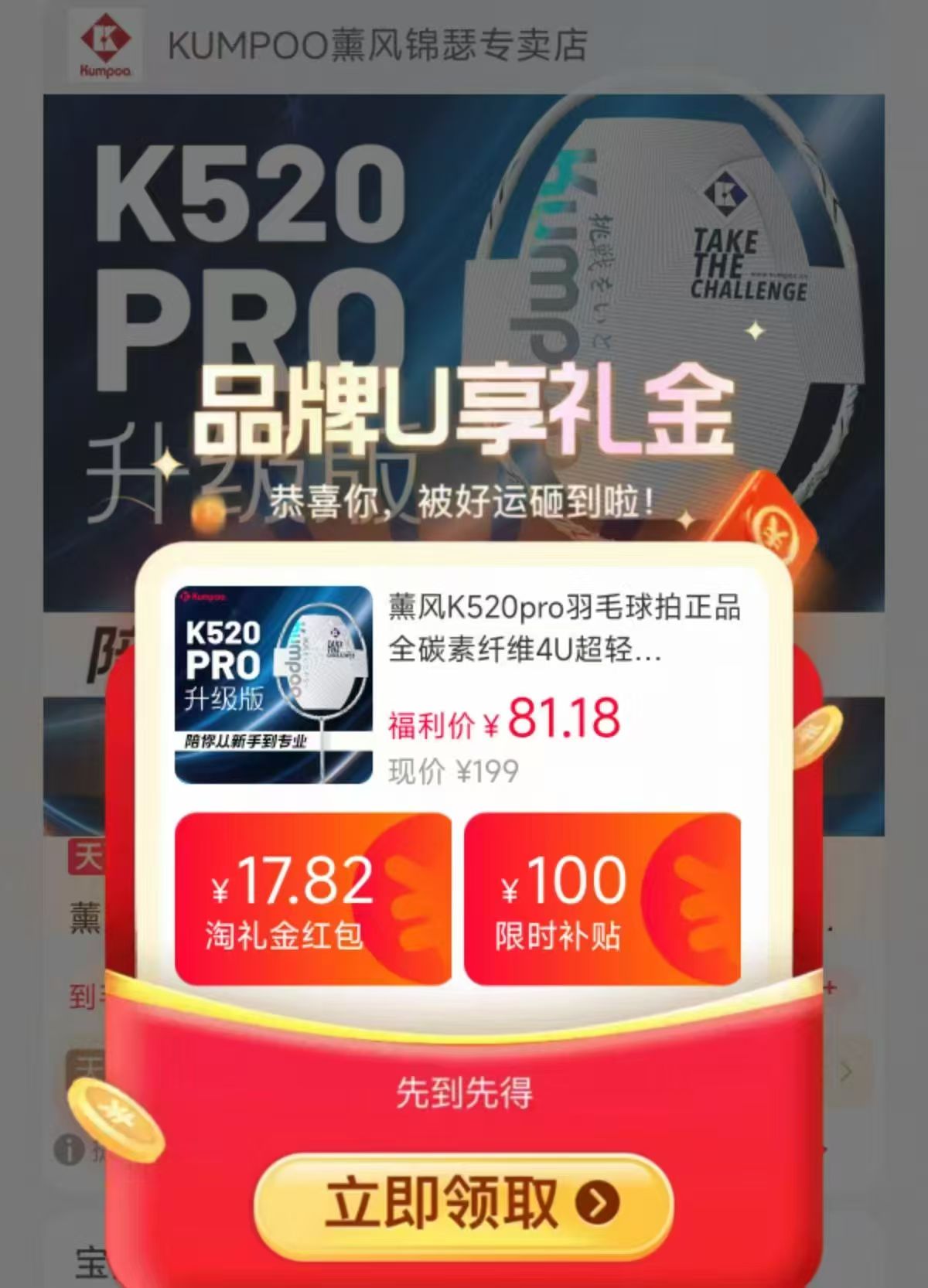 薰风K520pro羽毛球拍全碳素款4U超轻 79.9元 - 86线报