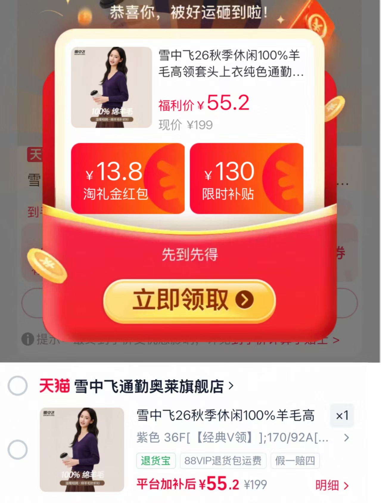 雪中飞纯色100羊毛衫 55元 - 86线报