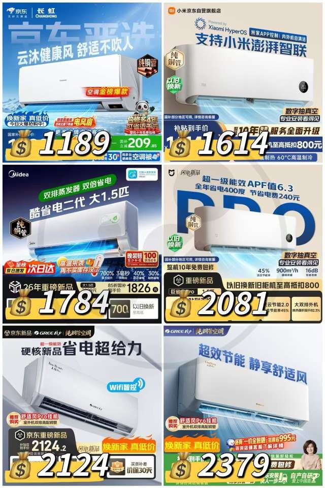 长虹京小宅大1匹 1189元，小米巨省电1.5匹 1614元，美的酷省电二代大1.5匹 1784元 - 86线报