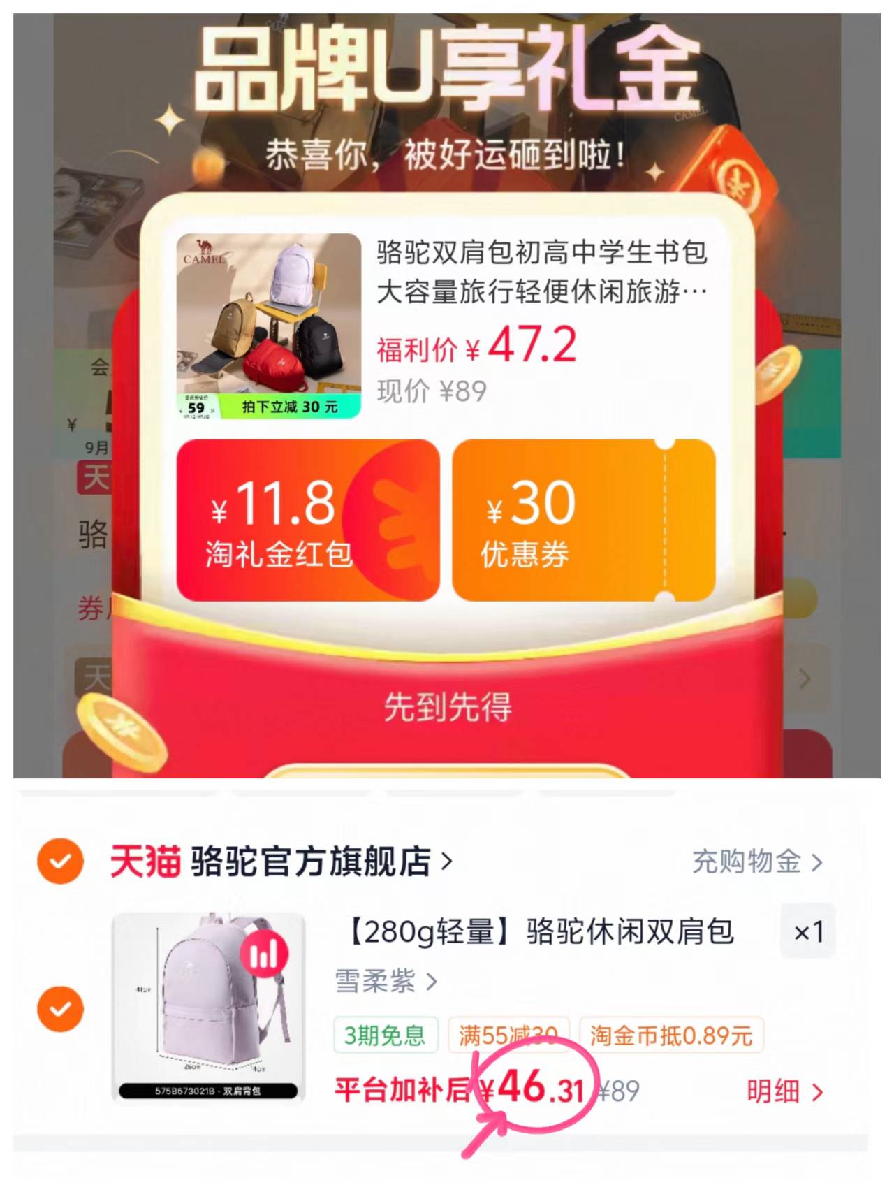 骆驼轻量化双肩背包约280自重 46.3元 - 86线报