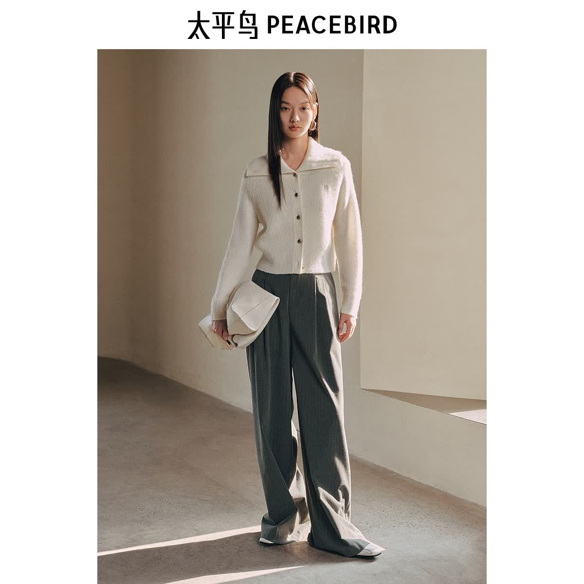 太平鸟女装针织衫拉毛大翻领针织开衫女冬毛衣外套休闲米白色M 93元 - 86线报