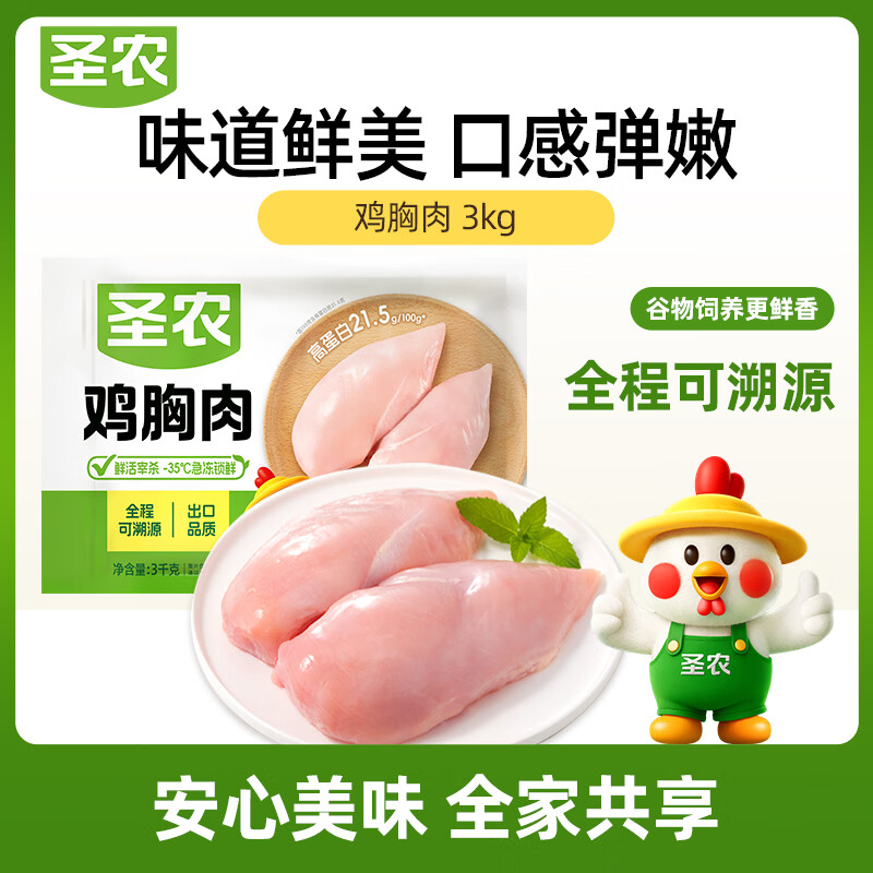 圣农 鸡胸肉鸡肉3kg白羽鸡冷冻鸡大胸代餐清真食材 源头直发 42.5元 - 86线报