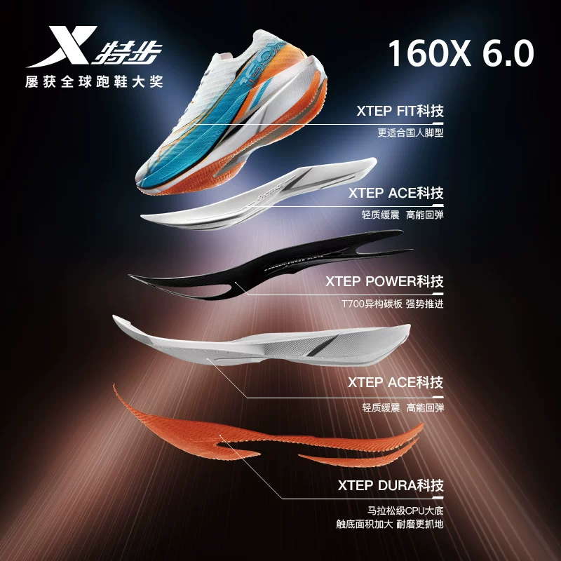 特步160X6.5竞速碳板减震跑步鞋男运动鞋160X6.0 339.2元 - 86线报