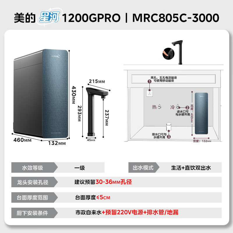 美的星河系列MRC805C-3000反渗透纯水机1200G Pro 1441.5元 - 86线报