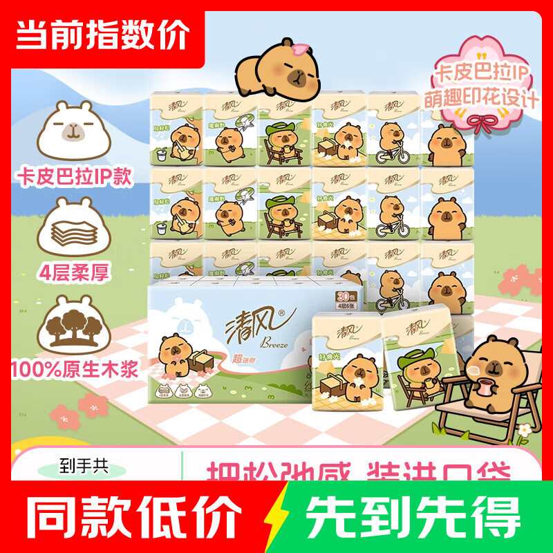 清风丝柔亲肤手帕纸4层卡皮巴拉小包便携装6张×30包 6.05元 - 86线报
