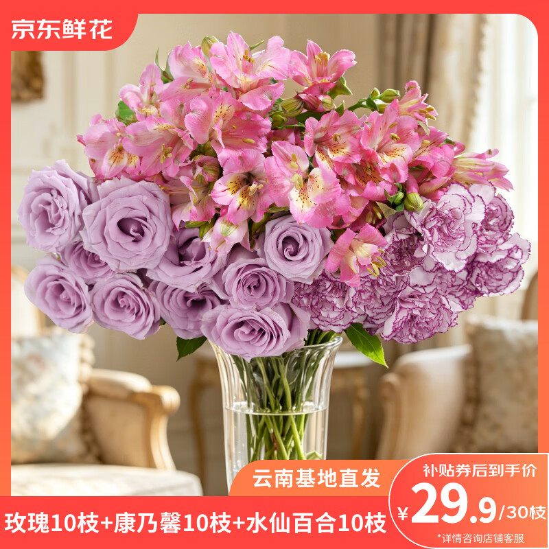 京东鲜花玫瑰10枝+康乃馨10枝+六初花10枝 29.9元 - 美泡泡
