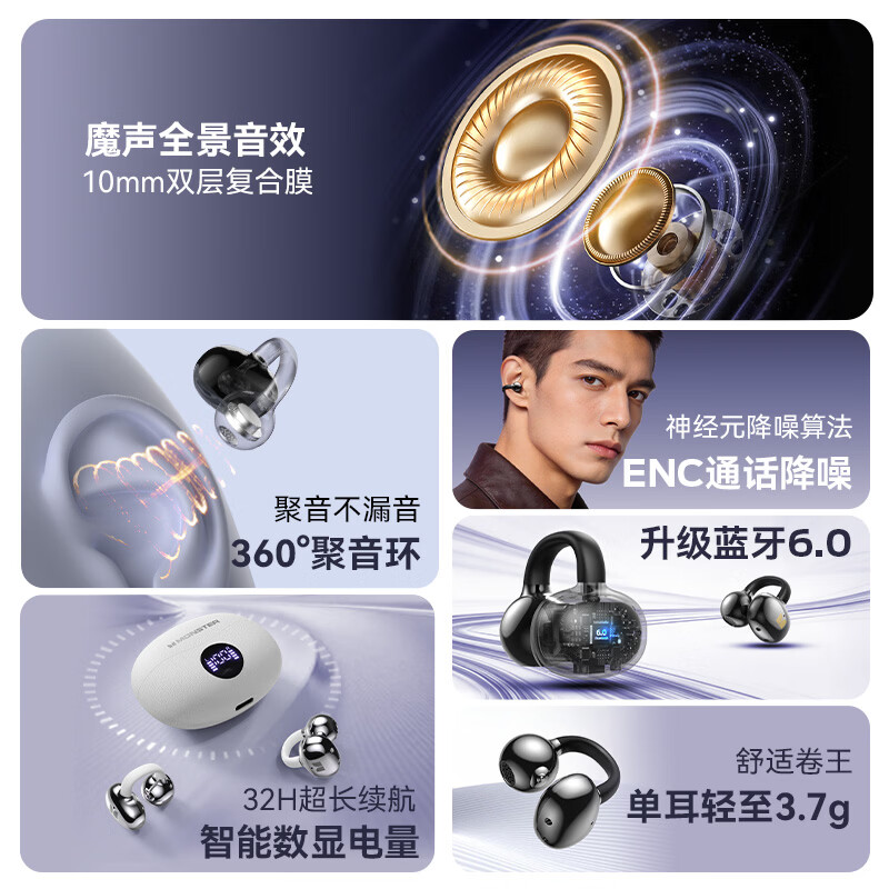 魔声Airclip AC710耳夹式屏显耳机单耳3.7g+32h续航+降噪85% 50元 - 86线报