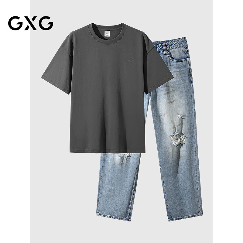 GXG男装25年夏季新品背后印花宽松短袖T破洞阔腿牛仔裤通勤套装单上装深灰色 80元 - 86线报 GXG男装25年夏季新品背后印花宽松短袖T破洞阔腿牛仔裤通勤套装单上装深灰色 80元 - 86线报