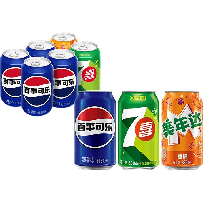 百事可乐碳酸饮料混合装330ml可乐*4+7喜*1+美年达*1 9.9元 - 线报酷