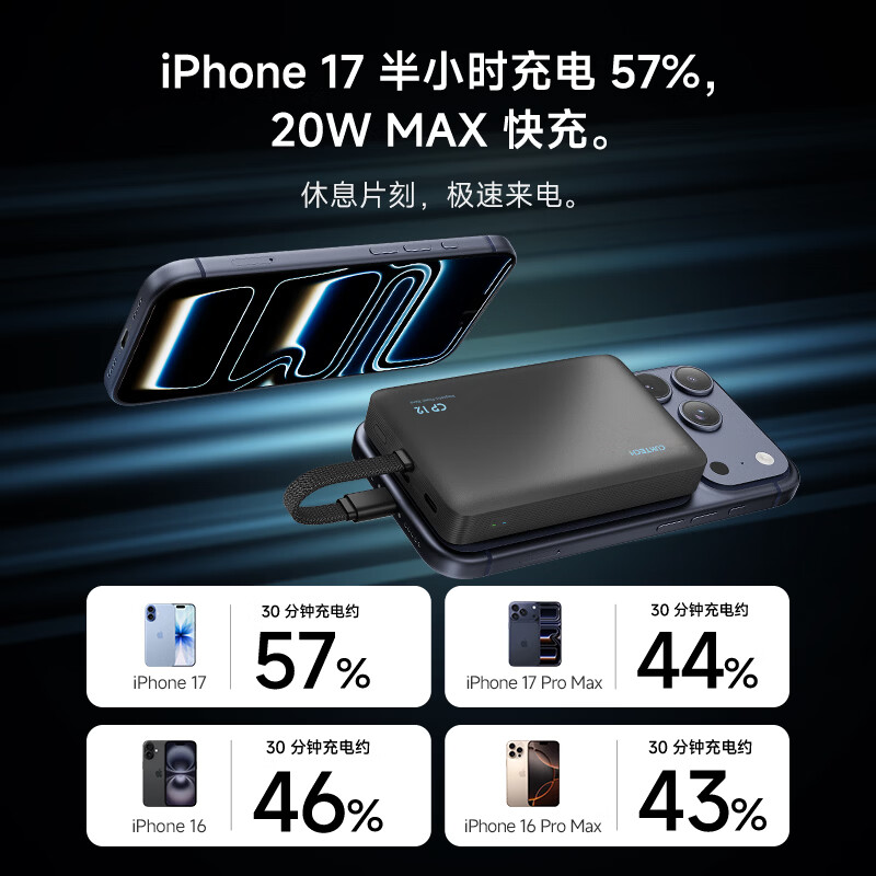 酷态科CP12磁吸充电宝自带线无线快充电芯1万毫安时22.5W适用 95.92元 - 86线报