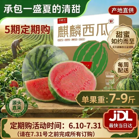 京鲜生 无籽麒麟西瓜  1粒净重7-9斤 5期定期购 每周配送 19.92元（需买5件，需用券） 图片 1