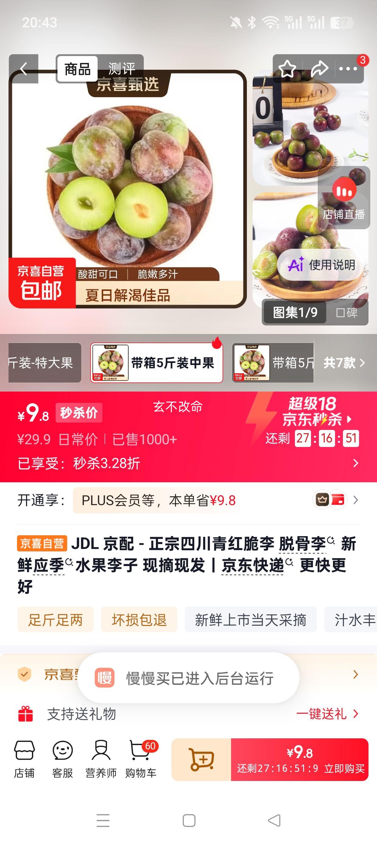 JDL京配四川青红脆李脱骨李5斤装中果 9.8元 - 86线报