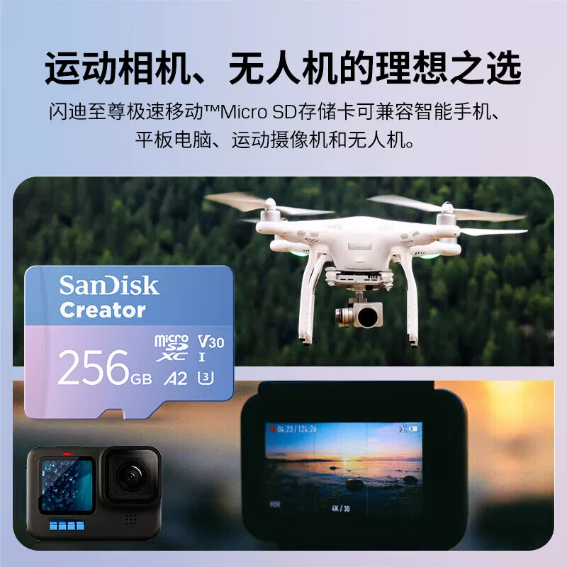 闪迪创作者粉卡闪存TF卡256G大疆无人机适用5.3K高清拍摄 298.37元 - 86线报