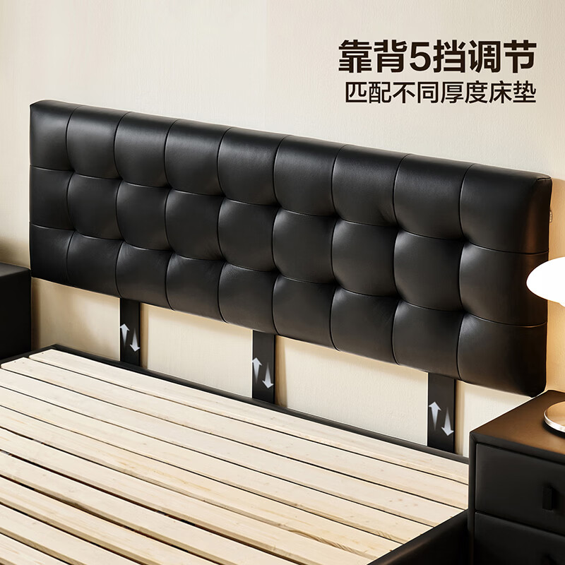 全友魔方头层牛皮暗夜黑1.5米x2米高脚床 958元 - 线报酷