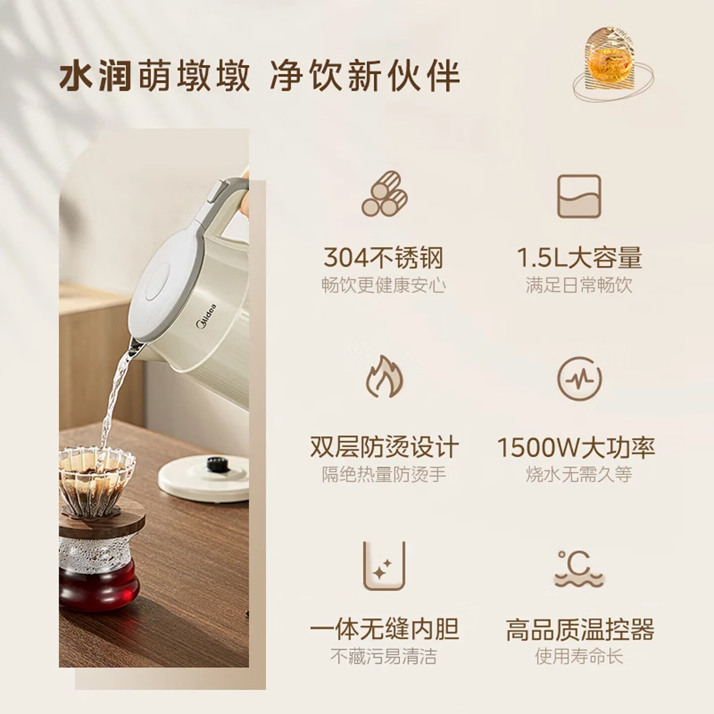 美的电水壶大容量家用烧水壶双层防烫1.5L 53.96元 - 86线报