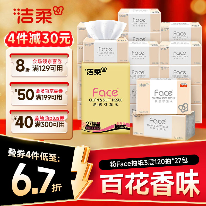 洁柔Face系列抽纸3层120抽27包整箱 28.17元 - 线报酷