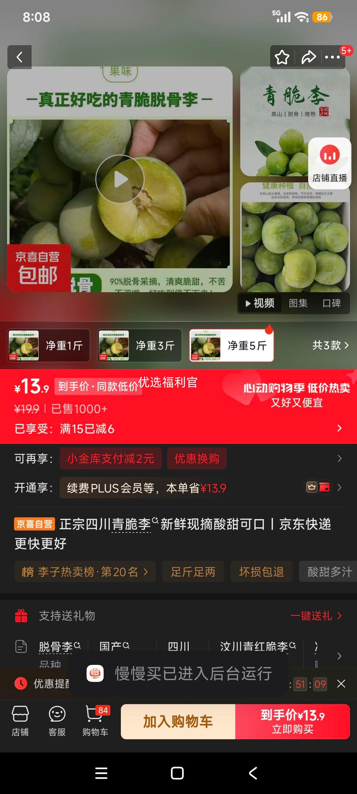 正宗四川青脆李新鲜现摘中果脱骨单果15g+净重5斤 13.9元 - 86线报