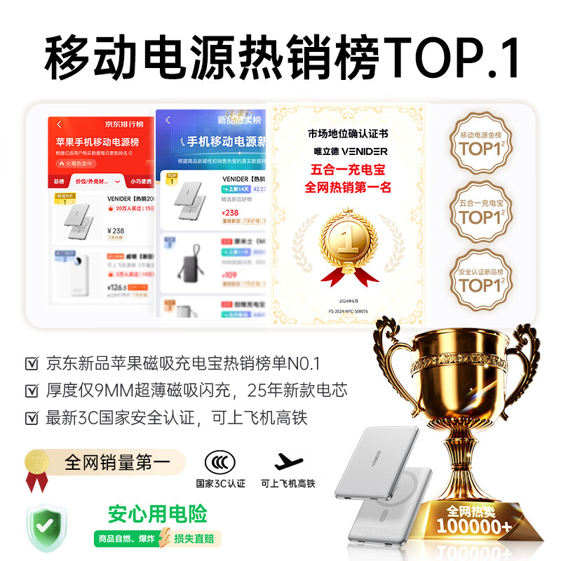 VENIDER 3C认证 超薄磁吸式充电宝 10000mAh 66元 - 86线报