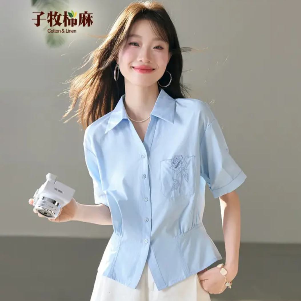 子牧棉麻女法式洋气减龄短袖翻领收腰蓝色刺绣衬衫 59元 - 86线报 子牧棉麻女法式洋气减龄短袖翻领收腰蓝色刺绣衬衫 59元 - 86线报