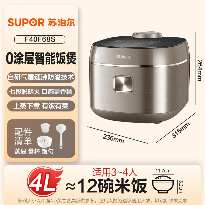 苏泊尔 F40F68S 0涂层不锈钢内胆 4L 电饭煲 229元 - 线报酷