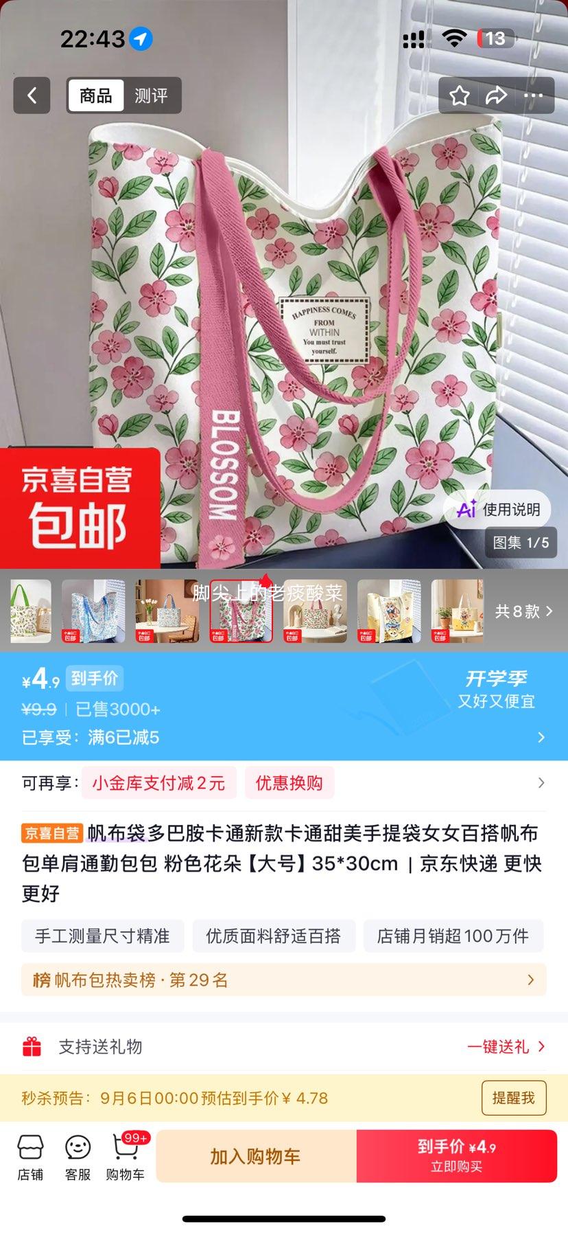 帆布袋多巴胺卡通手提袋女款粉色花朵大号35*30cm 4.9元 - 86线报