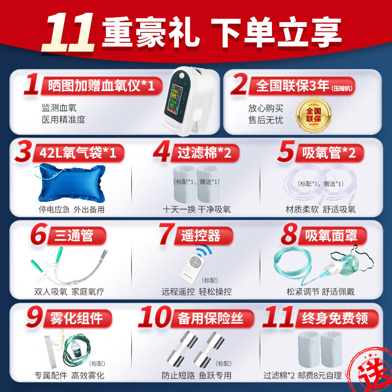鱼跃家用制氧机5L升老人吸氧机雾化一体车载便携氧气5升氧+192小时稳定供氧 1088元 - 86线报