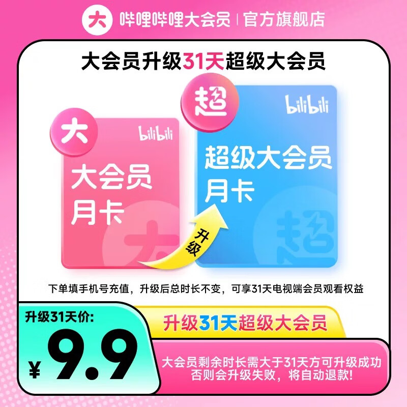 bilibili哔哩哔哩B站大会员升级超级大会员1个月支持电视端 9.9元 - 86线报
