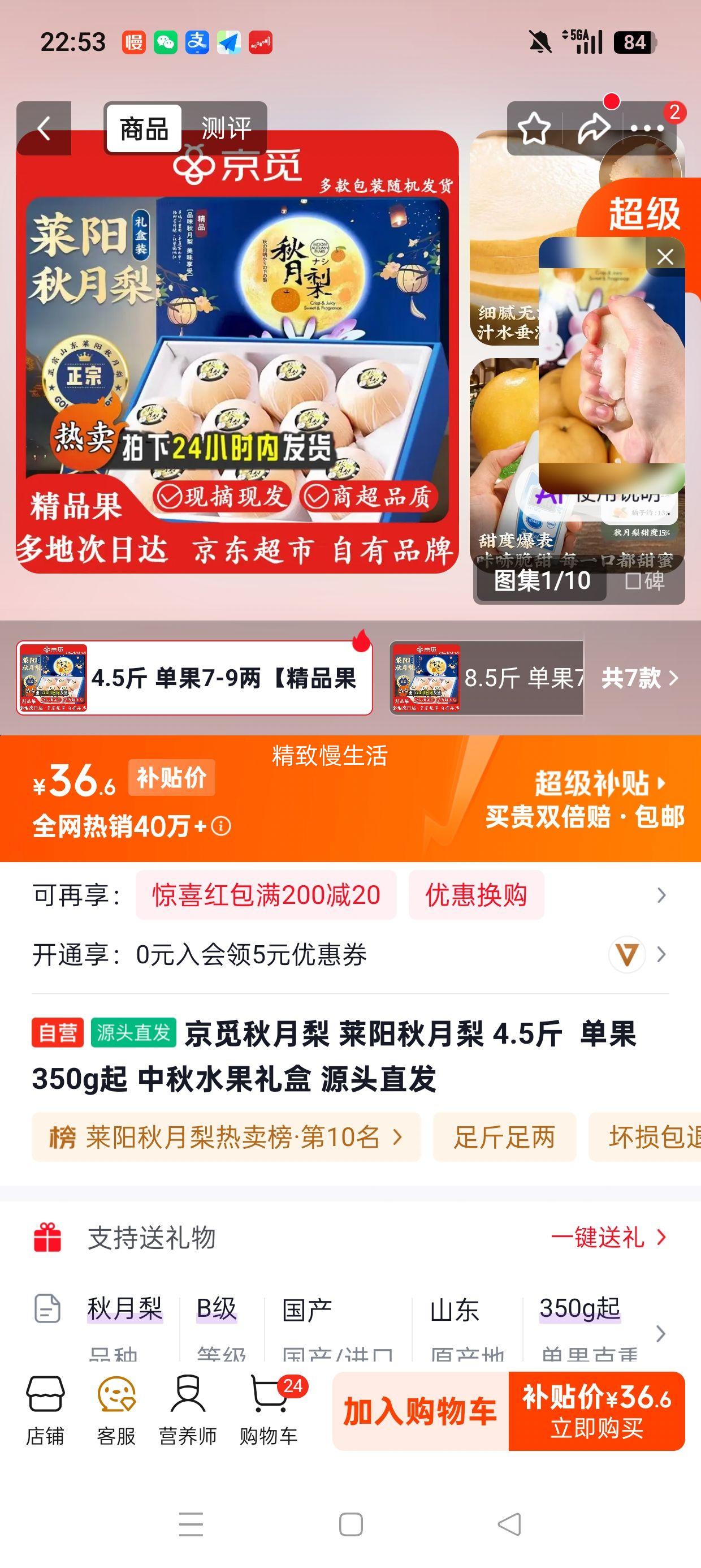 京觅 莱阳秋月梨 4.5斤 单果350g起 中秋水果礼盒 36.6元 包邮 - 86线报