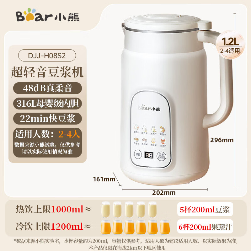 小熊白月光豆浆机破壁机1.2L H08S2升级版 188.82元 - 86线报