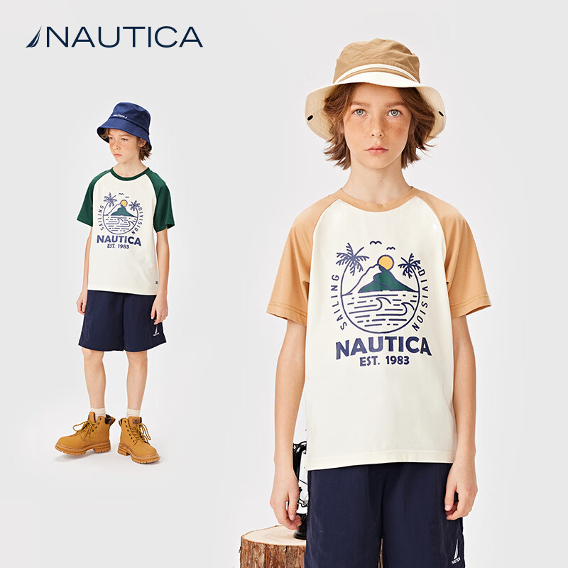NAUTICA儿童美式短袖t恤原纱凉感插肩袖上衣绿色/白色 69元 - 86线报