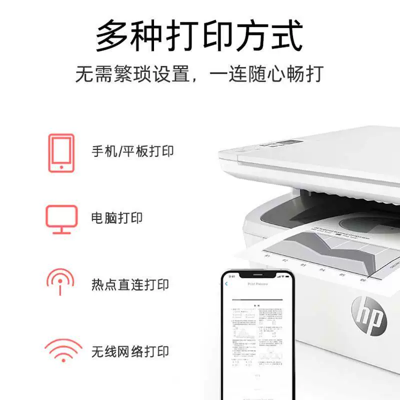 惠普30W黑白激光无线三合一多功能一体机 604.76元 - 美泡泡