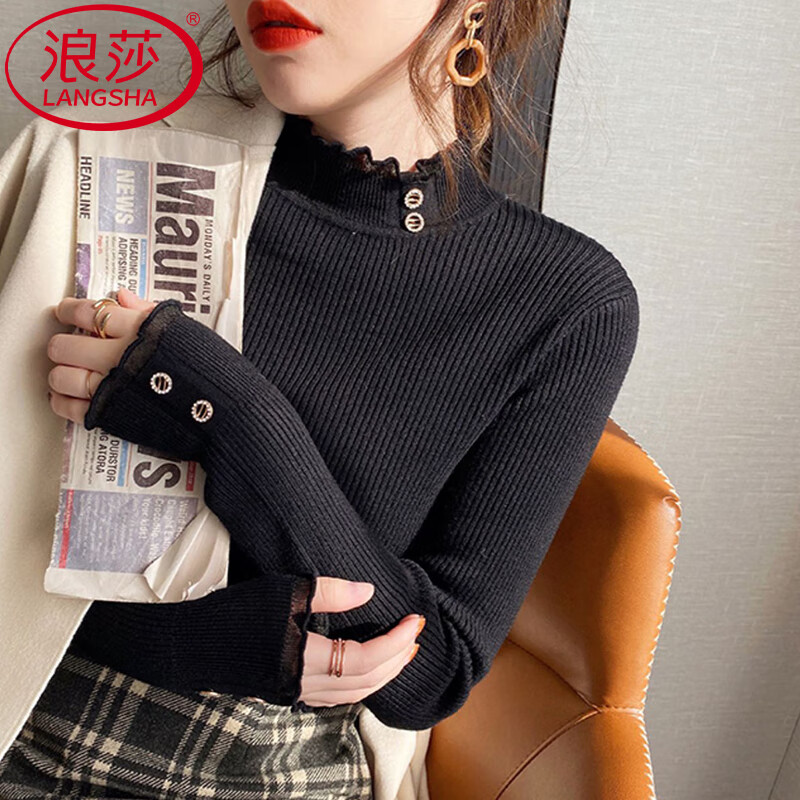 浪莎毛衣女秋新款半高领蕾丝加绒打底衫 39.9元 - 86线报