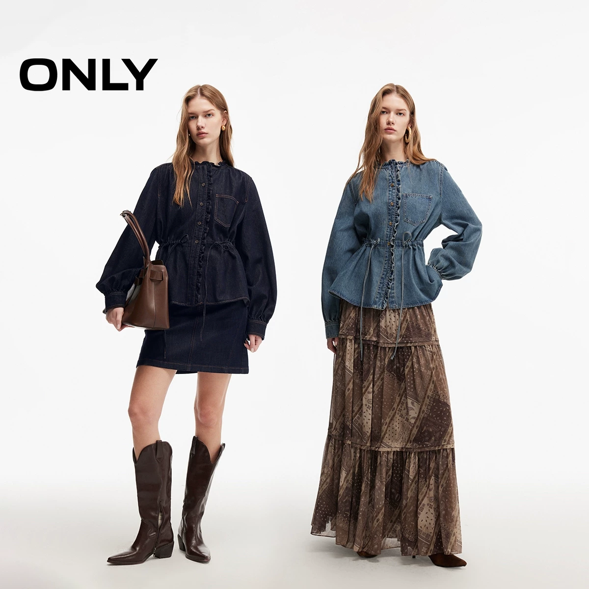 ONLY荷叶边牛仔衬衫圆领腰带秋季新款女 251.2元 - 86线报