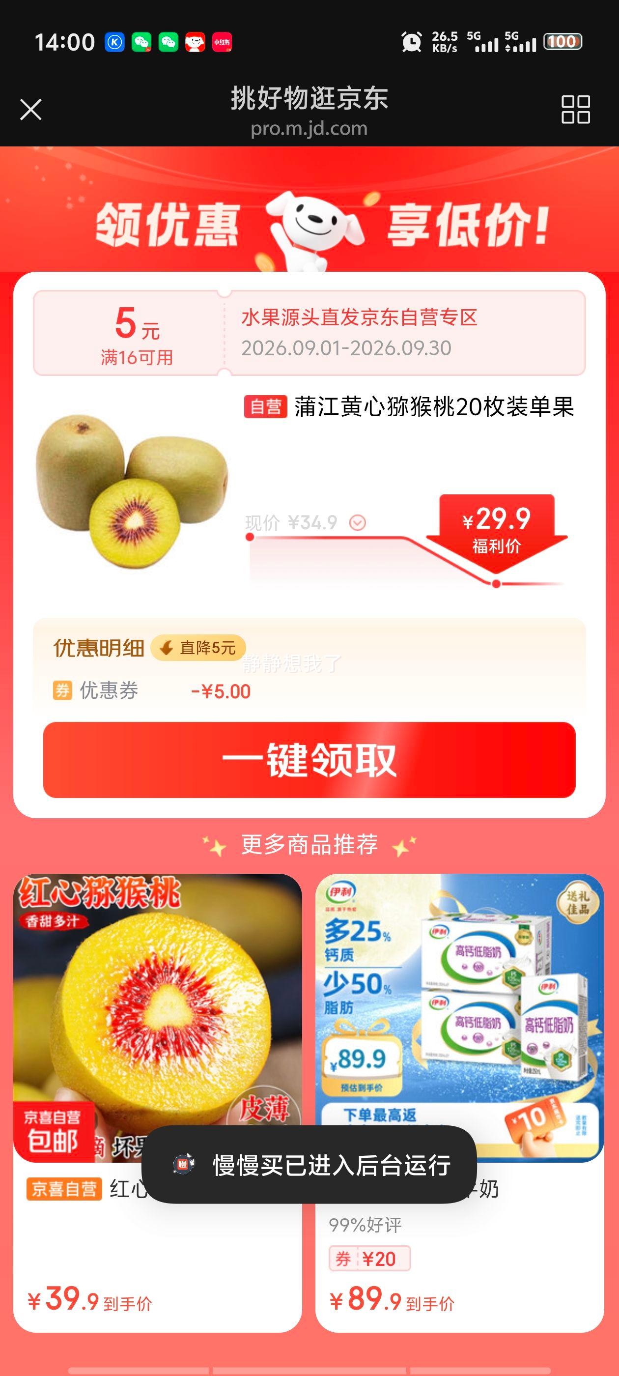 京觅四川蒲江黄心猕猴桃20枚装90-110g 29.9元 - 线报酷