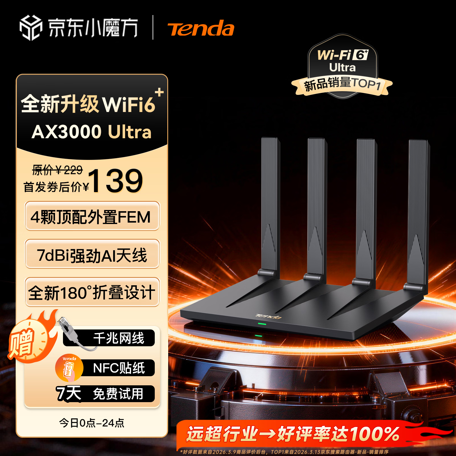 Tenda 泰山AX3000Ultra 千兆WiFi6家用路由器 125.1元 - 86线报