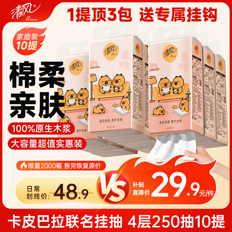 清风X卡皮巴拉亲肤系列悬挂式抽纸4层*250抽*10提(170*132mm) 29.9元 - 86线报 清风X卡皮巴拉亲肤系列悬挂式抽纸4层*250抽*10提(170*132mm) 29.9元 - 86线报