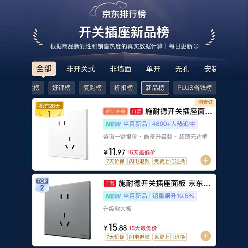 施耐德开关插座皓呈升级款京东集采PJ06魅影灰色斜五孔10只 89.5元 - 86线报