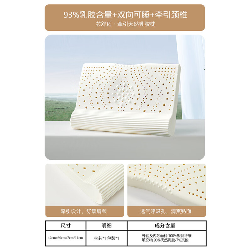 水星家纺眠享泰国天然乳胶枕按摩型 66.3元 - 美泡泡