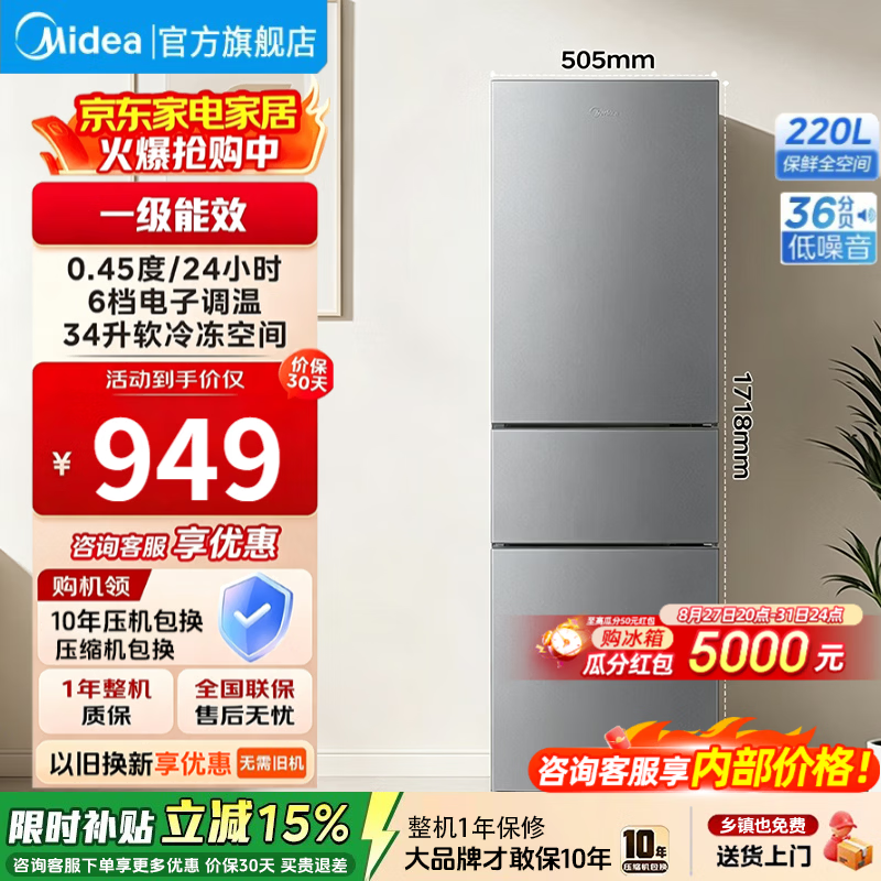 美的MR-231T风冷三门冰箱220L钛钢灰-星烁 798.32元 - 86线报